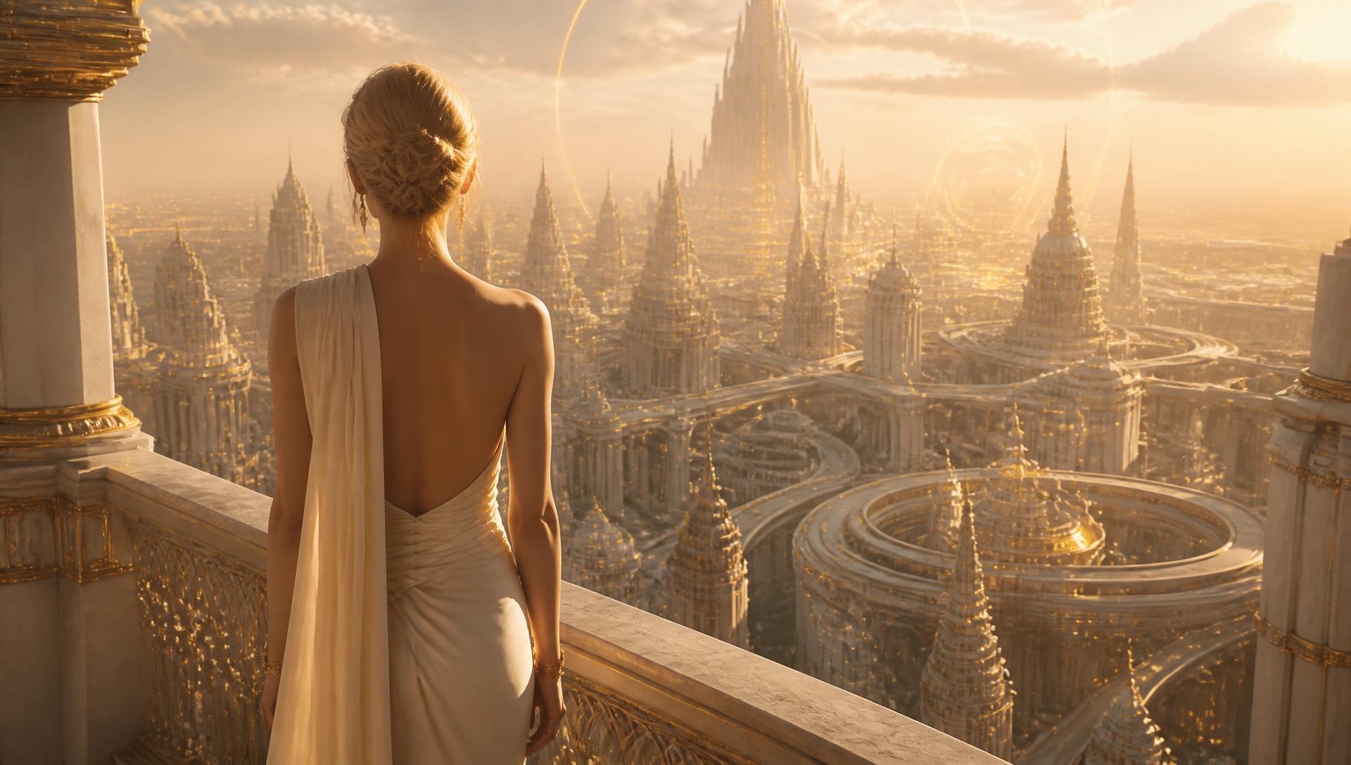 Ellara Voss on a high balcony above the golden city of Aurantia at golden hour